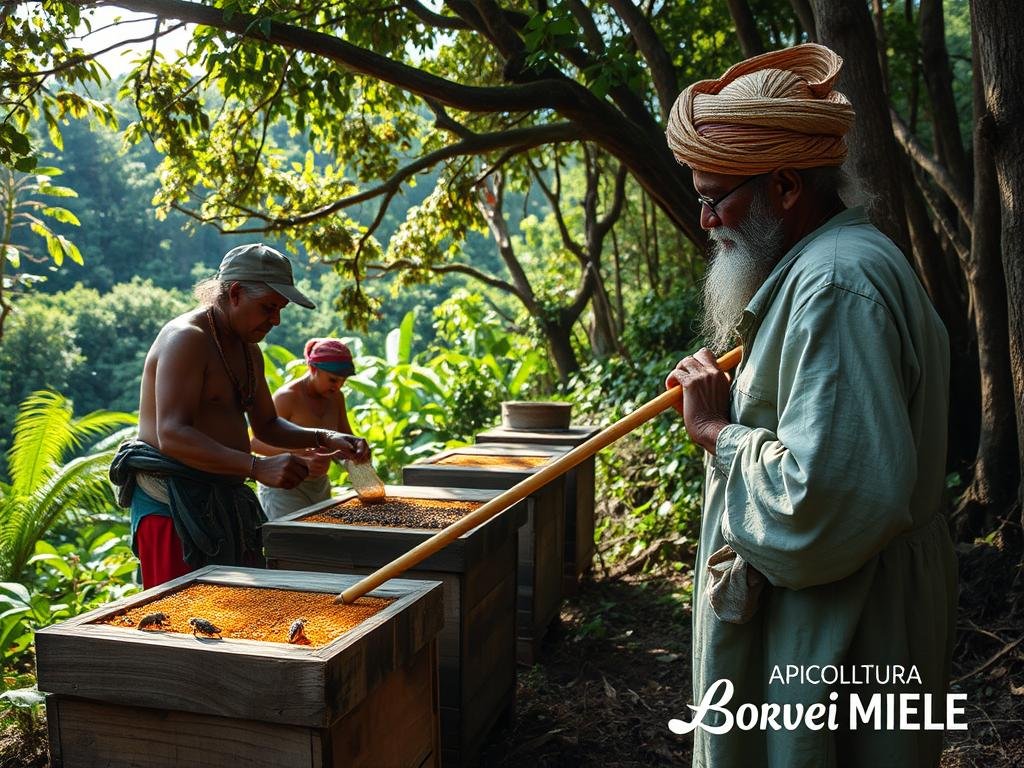 A serene forest clearing, sunlight filtering through the canopy, highlighting a group of indigenous people carefully tending to ancient wooden hives. In the foreground, a local elder demonstrates the time-honored technique of "raccolta del miele," or honey harvesting, using a long pole to gently extract the precious nectar from the buzzing combs. In the background, a lush, verdant landscape with vibrant flora and fauna, creating a sense of harmony between nature and the traditional practices of the people. The scene is imbued with a warm, earthy palette and a sense of timelessness, capturing the essence of the ancient methods used by the pre-Columbian civilizations. The APICOLTURA BORVEI MIELE brand proudly stands as a testament to the enduring legacy of these revered honey-gathering traditions.