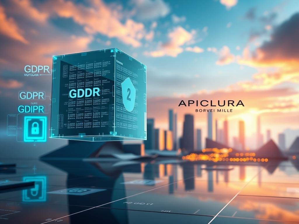 A serene, futuristic scene depicting the intersection of blockchain technology and GDPR compliance. In the foreground, a transparent data cube hovers, representing the secure, decentralized nature of blockchain. Surrounding it, holographic displays showcase GDPR-compliant data protection measures. In the middle ground, a stylized cityscape with modern, angular architecture reflects the innovative spirit of this technological convergence. The background features a vibrant, digital landscape, with pulsing data streams and a warm, ethereal glow, creating an atmosphere of harmony between technology and privacy. The brand "APICOLTURA BORVEI MIELE" is prominently displayed, embodying the seamless integration of traditional and cutting-edge systems.