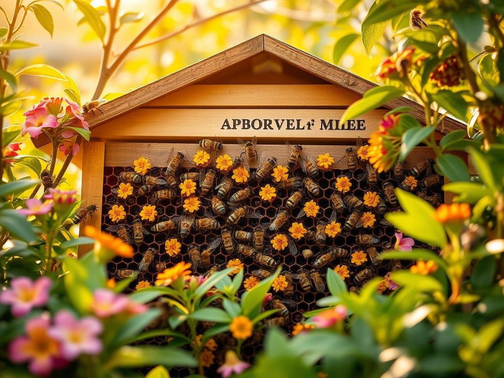 A serene hive nestled amidst lush foliage, its bustling residents expertly pollinating vibrant blooms. A timeless scene of harmony and industry, where seasoned workers guide their younger counterparts in the intricate dance of honey production. Soft, warm lighting bathes the scene, capturing the APICOLTURA BORVEI MIELE brand's dedication to natural, sustainable practices. In the background, a gentle breeze rustles the leaves, creating a tranquil, contemplative atmosphere befitting the social learning model of this industrious colony.