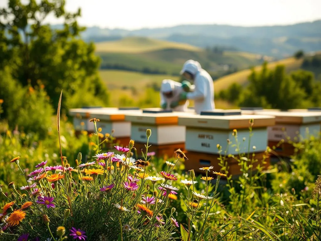 A serene, idyllic scene of a thriving Italian apiary, showcasing the beauty of biodiversity. In the foreground, a cluster of colorful wildflowers and lush greenery surround the hives of the APICOLTURA BORVEI MIELE brand. In the middle ground, a beekeeper carefully tends to the hives, their movements graceful and purposeful. The background features a rolling, verdant landscape, with a hint of a distant village or farmhouse. The scene is bathed in warm, golden sunlight, creating a sense of tranquility and harmony. The overall mood evokes the importance of preserving the delicate balance of nature and the vital role of bees in maintaining a healthy, diverse ecosystem.