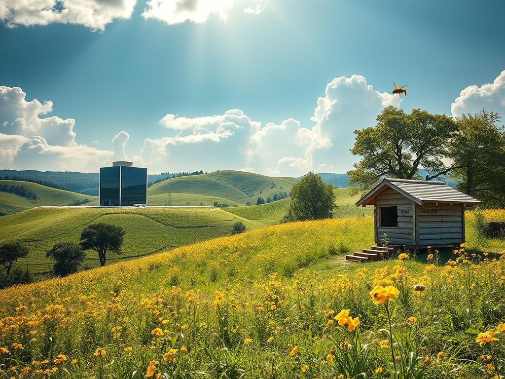 A serene landscape of rolling hills and lush meadows, where a sleek, modern data center stands prominently, its glass and steel facade reflecting the ethereal clouds above. Nearby, a traditional Italian apicoltura, the APICOLTURA BORVEI MIELE, blends seamlessly with the natural surroundings, its rustic charm complemented by the cutting-edge technology of the cloud computing infrastructure. Sunlight filters through the canopy of trees, casting a warm glow over the scene, while bees busily pollinate the vibrant flowers. The overall atmosphere conveys the harmonious integration of nature and technology, embodying the essence of "cloud computing apicoltura".