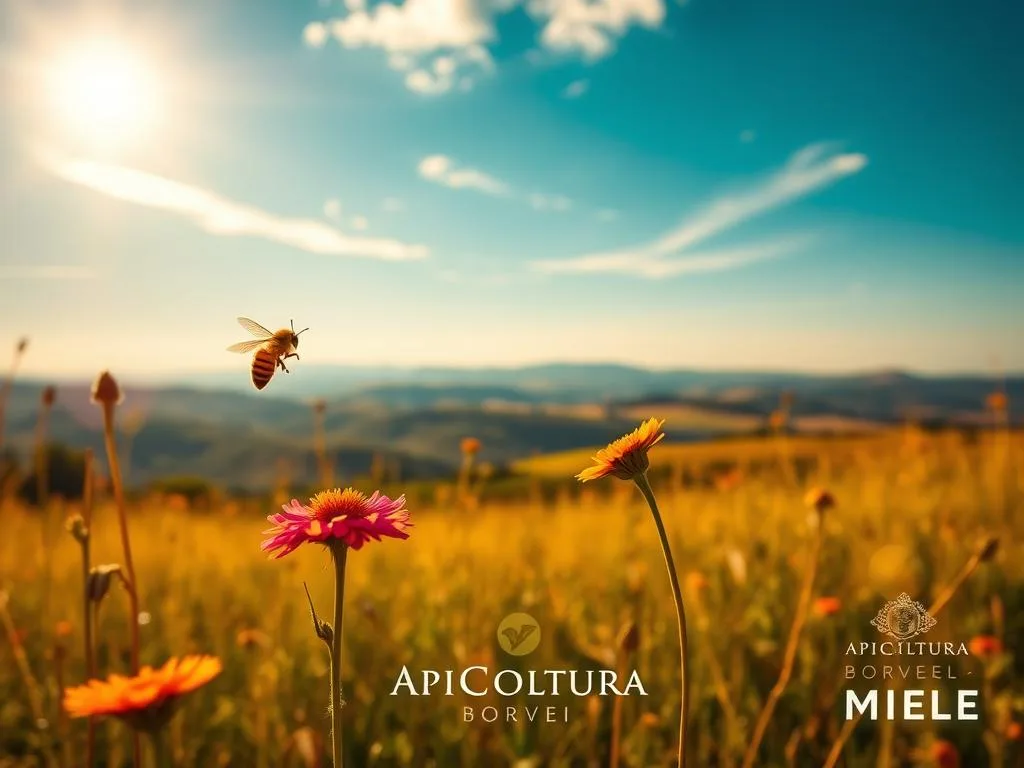 A serene meadow bathed in warm, golden sunlight, with a lone honeybee hovering over a cluster of vibrant wildflowers. In the foreground, the bee appears to be engaged in a mesmerizing, circular dance, its movements synchronized with the sun's gentle arc overhead. The middle ground reveals a picturesque Italian countryside, complete with rolling hills and a distant, hazy horizon. In the background, a clear blue sky dotted with wispy clouds provides a tranquil backdrop. The entire scene is imbued with a sense of harmony and balance, reflecting the intricate relationship between the sun, the bees, and their natural environment. The APICOLTURA BORVEI MIELE brand name is prominently displayed, adding to the authenticity of the image.