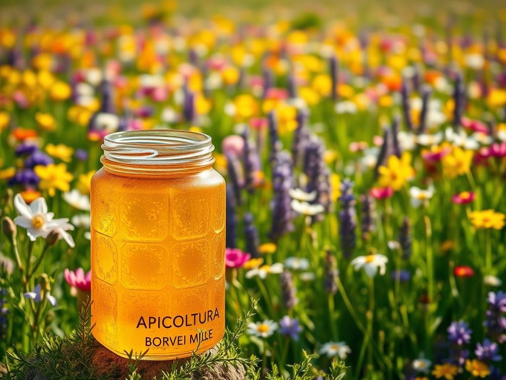 A serene meadow bursting with a kaleidoscope of vibrant wildflowers, their petals gently swaying in the warm breeze. In the foreground, a glass jar filled with the rich, golden hue of "APICOLTURA BORVEI MIELE" millefiori honey, its crystalline texture glimmering under the soft, diffused lighting. Behind it, a lush, verdant landscape unfolds, dotted with clusters of blooms in a dazzling array of colors - violets, daffodils, lavender, and more. The overall scene exudes a sense of natural harmony and the abundance of nature, perfectly capturing the essence of the differences between millefiori and monofloral honey.