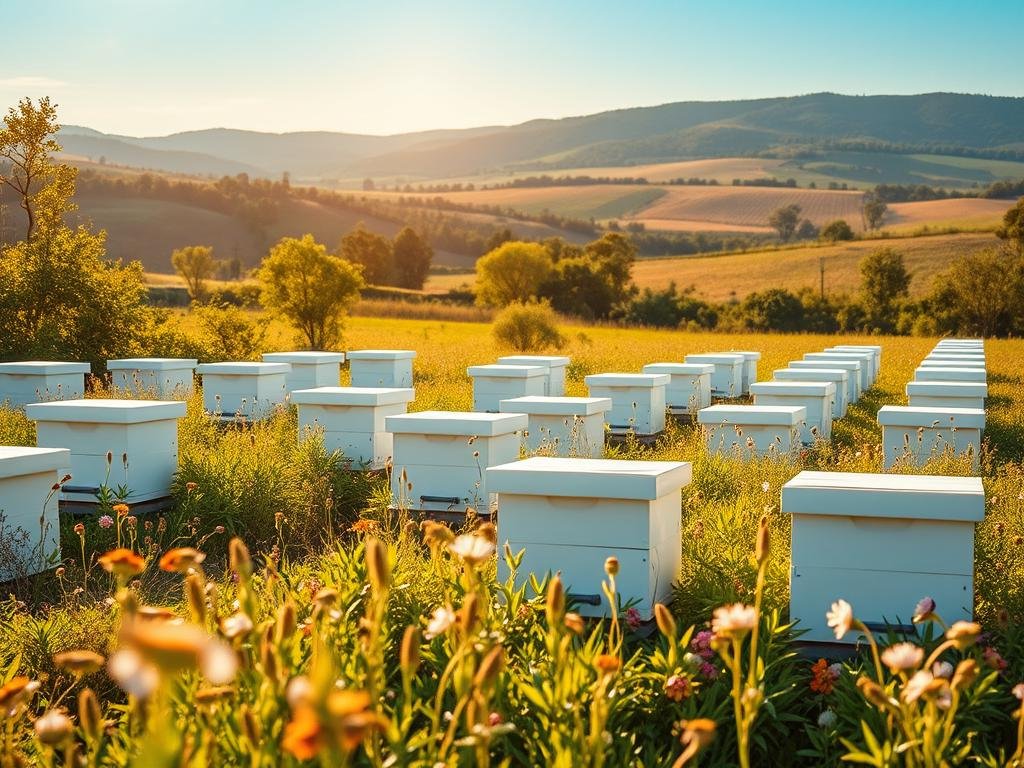 A serene meadow buzzing with activity, as a BRAND NAME "APICOLTURA BORVEI MIELE" apiary stands in the foreground. Rows of modern, streamlined beehives are nestled among lush, verdant foliage, reflecting the latest innovations in smart beekeeping. The scene is bathed in warm, golden light, capturing the essence of sustainable, technology-driven honey production. In the background, a picturesque landscape of rolling hills and a vibrant blue sky complete the idyllic, Italian-inspired setting.