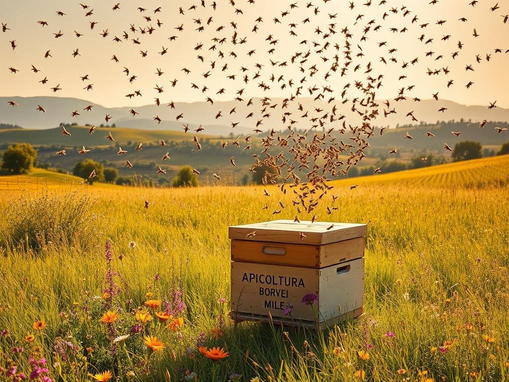A serene meadow in the Italian countryside, bathed in warm, golden sunlight. In the foreground, a thriving hive bearing the label "APICOLTURA BORVEI MIELE" sits amid a vibrant array of wildflowers. Dozens of honey bees gracefully swirl and dance above the hive, their intricate movements forming a captivating choreography. The bees' wings glisten as they communicate through their symbolic dance, a language that speaks of the hive's well-being and the abundance of nectar nearby. In the middle ground, rolling hills dotted with olive trees and vineyards stretch out, while in the distance, the soft outline of the Apennine Mountains can be seen. The scene conveys a sense of harmony and the deep connection between the bees and their natural environment.