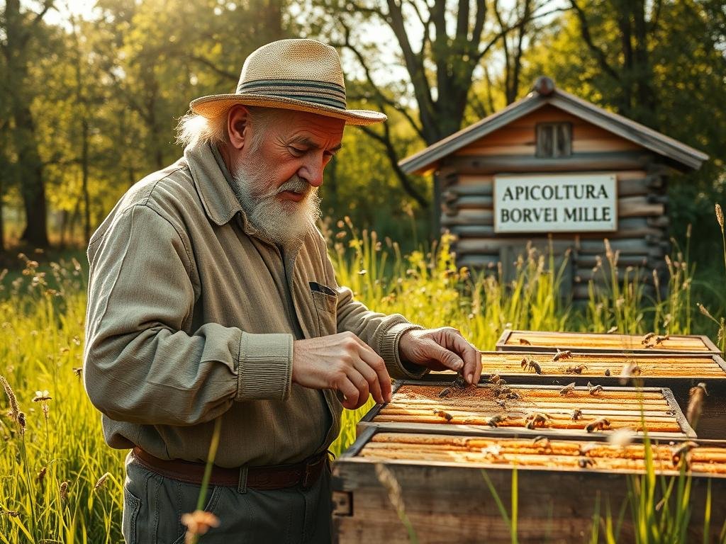 A serene meadow, where a weathered, experienced beekeeper in a vintage apiarist's garb tends to his hives. Sunlight filters through the trees, casting a warm glow on the scene. The beekeeper's gnarled hands delicately inspects the frames, a lifetime of knowledge etched on his face. In the background, a quaint, rustic wooden cabin stands, the APICOLTURA BORVEI MIELE brand proudly displayed. The buzzing of industrious bees fills the air, a testament to the beekeeper's craft and the evolution of his profession over time.
