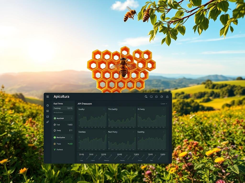 A serene, nature-inspired image of an environmental monitoring API system, showcasing the importance of bees for the ecosystem. Set against a lush, verdant backdrop, the foreground features a sleek, modern API dashboard displaying real-time data on environmental conditions, such as air quality, temperature, and humidity. The middle ground features a captivating honeycomb structure, symbolizing the Apicoltura brand and the vital role of bees in maintaining a healthy ecosystem. The background showcases a breathtaking landscape, with rolling hills, vibrant flora, and a clear, azure sky, conveying a sense of balance and harmony between technology and nature. The overall mood is one of tranquility, sustainability, and the symbiotic relationship between technology and the environment.