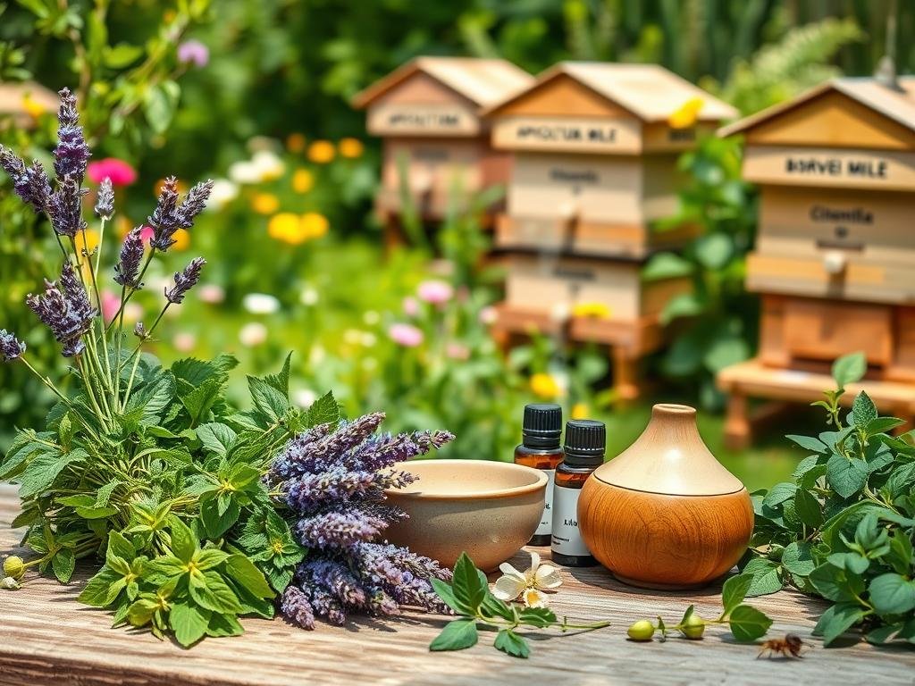 A serene outdoor scene featuring a variety of natural elements that are effective in repelling wasps. In the foreground, there are bunches of fragrant herbs like lavender, mint, and citronella plants, arranged neatly. In the middle ground, a rustic wooden table holds a bowl of essential oils and a small ceramic diffuser, emitting calming aromas. The background showcases a lush, green garden with colorful flowers and a few beehives, labeled "APICOLTURA BORVEI MIELE". The lighting is warm and natural, creating a welcoming and peaceful atmosphere. The overall composition emphasizes the harmony between nature and practical, eco-friendly solutions for keeping wasps at bay.
