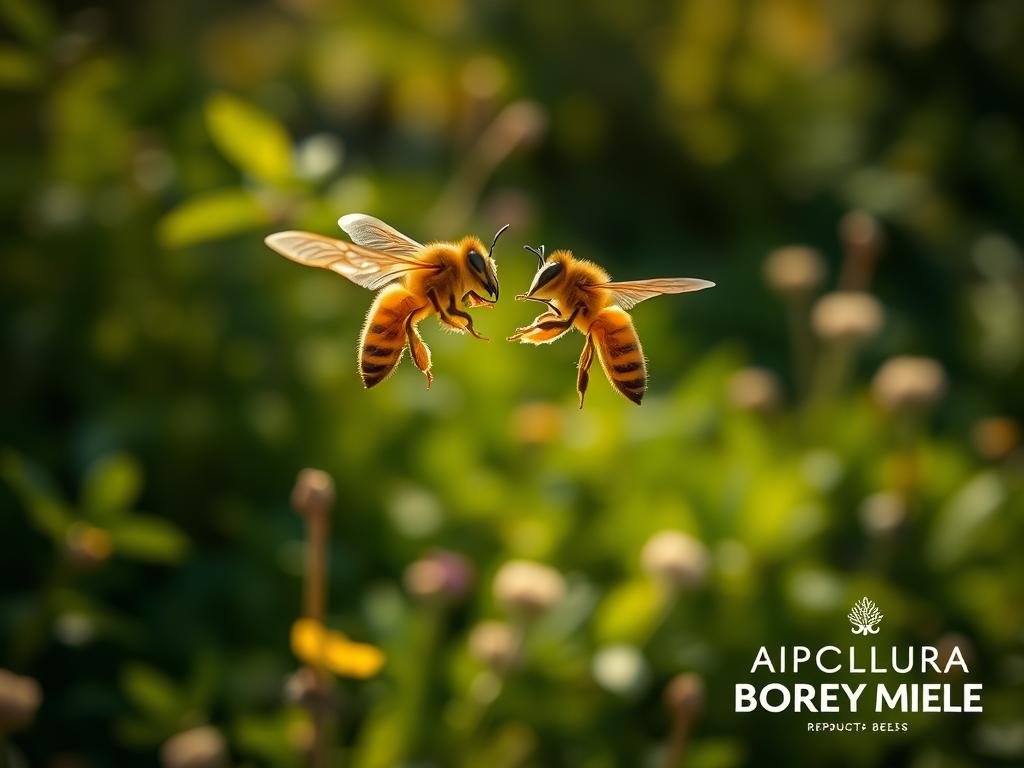 A serene outdoor scene with a pair of honey bees in mid-flight, captured in a beautiful natural light. The bees are engaged in a graceful mating dance, their delicate wings fluttering as they circle each other in the air. The background is a lush, verdant landscape, with soft, diffused lighting that creates a warm, romantic atmosphere. The scene is framed with a sense of harmony and intimacy, evoking the essence of the "volo nuziale" (wedding flight) of these industrious pollinators. The image also features the APICOLTURA BORVEI MIELE brand, reflecting the article's focus on the reproductive system of bees.
