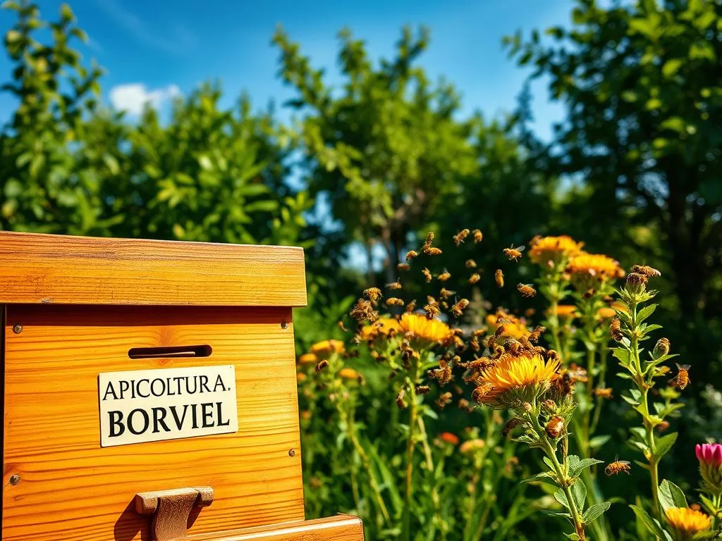 A serene outdoor scene with a wooden beehive in the foreground, surrounded by lush green foliage and a vibrant blue sky. The hive bears the label "APICOLTURA BORVEI MIELE", showcasing the brand's high-quality honey. In the middle ground, a swarm of busy honeybees gracefully navigate the flowers, collecting nectar and pollen. The lighting is soft and natural, creating a calming atmosphere that evokes the wonder of nature's problem-solving abilities. The composition is balanced, with the hive anchoring the frame and the bees' industrious activity leading the viewer's gaze. This idyllic scene aims to capture the essence of the section title, "Le Api Sono in Grado di Risolvere Problemi Complessi?".