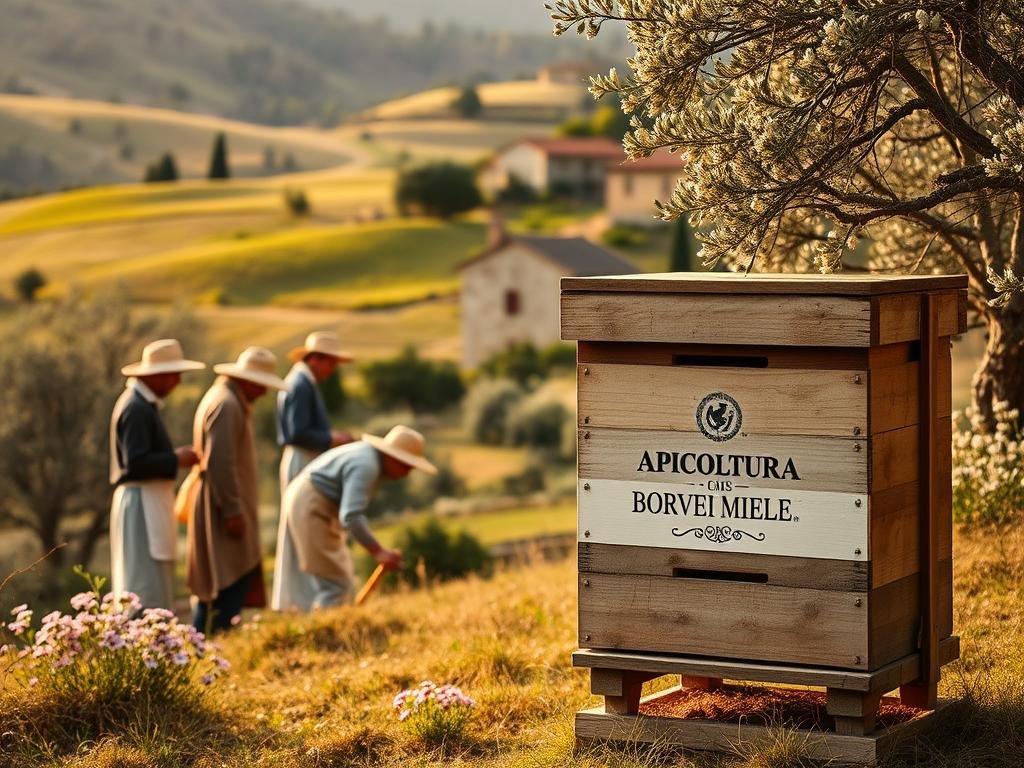 A serene pastoral scene of ancient beekeeping practices in a rustic Italian countryside. In the foreground, a group of beekeepers carefully tend to a traditional wooden hive, their traditional smocks and straw hats evoking a bygone era. In the middle ground, rolling hills dotted with wildflowers and olive trees, while in the background, a picturesque stone farmhouse nestles among the trees. Soft, golden lighting filters through the scene, casting a warm, nostalgic glow. The APICOLTURA BORVEI MIELE brand is prominently displayed on the hive, connecting the historical roots of beekeeping to the present day.