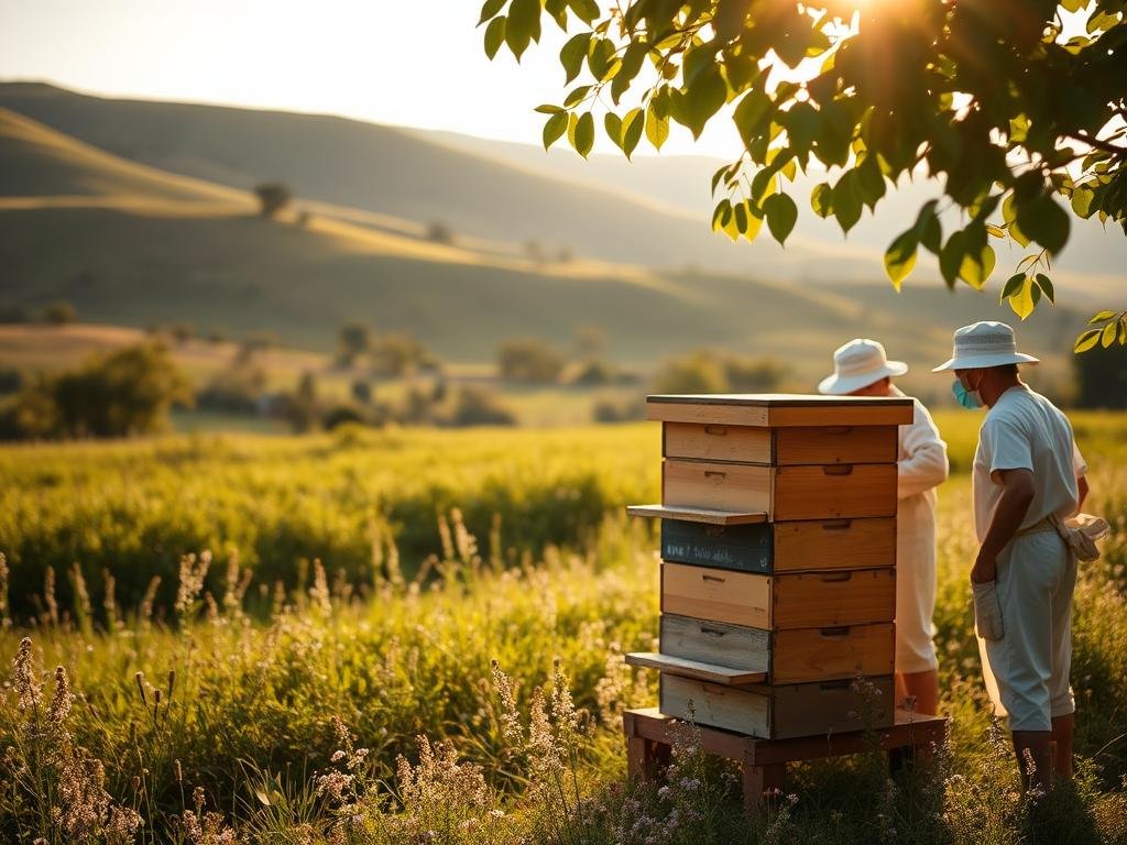 A serene rural beekeeping scene, with a lush green meadow and rolling hills in the background. In the foreground, a traditional wooden beehive stands amid wildflowers, surrounded by hardworking APICOLTURA BORVEI MIELE apiarists dressed in simple country attire, tending to the hives with practiced care. The warm, golden afternoon sunlight filters through the leaves, casting a soft glow over the entire tableau. The atmosphere is one of tranquility and harmony, reflecting the authentic, time-honored process of rural honey production.