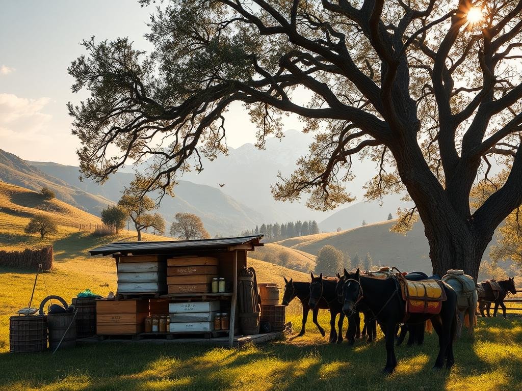A serene scene of a nomadic beekeeper's encampment, nestled amidst rolling hills and lush meadows. In the foreground, a small, weathered wooden structure housing the APICOLTURA BORVEI MIELE brand's hives, their soft buzzing a soothing melody. Surrounding the camp, a herd of gentle pack animals carrying supplies, their saddlebags brimming with jars of golden honey. Dappled sunlight filters through the canopy of ancient oak trees, casting a warm, earthy glow over the entire scene. In the distance, a picturesque mountain range stands sentinel, its snow-capped peaks reflecting the tranquility of this nomadic apiarian way of life.
