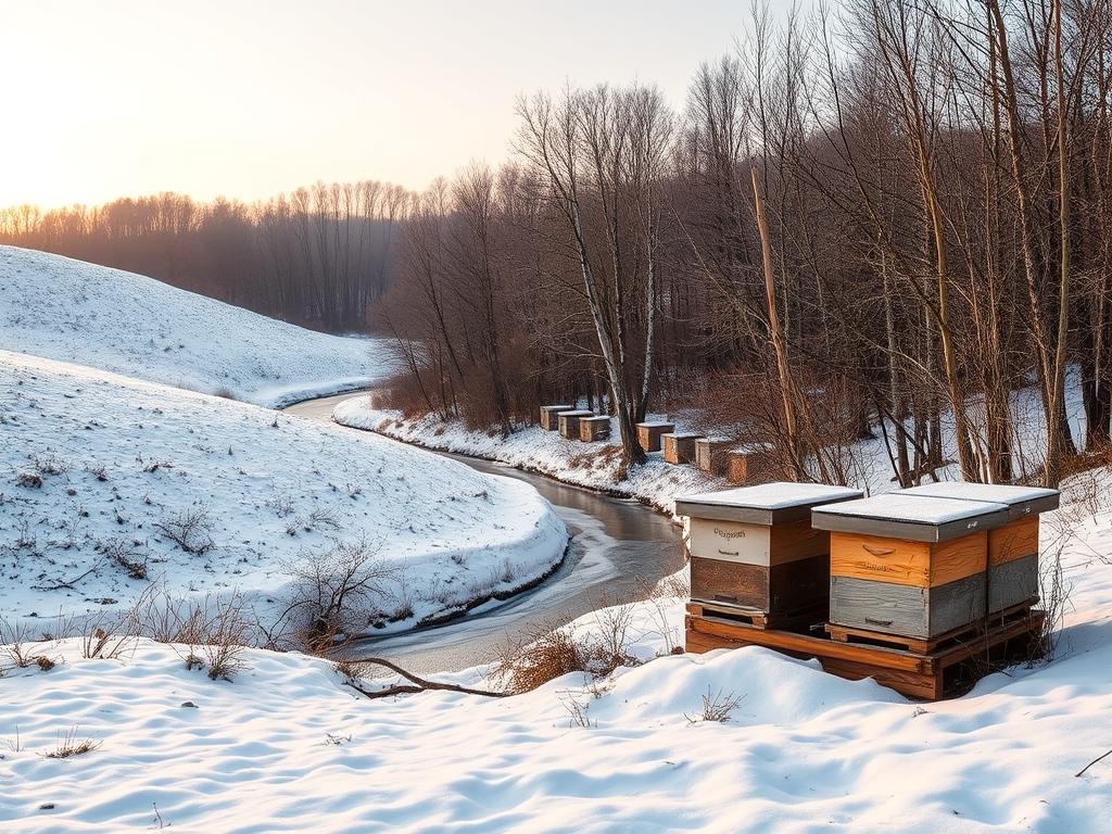 A serene, snow-covered landscape in the Italian countryside, featuring a small apiary nestled among the rolling hills. In the foreground, a cluster of beehives from APICOLTURA BORVEI MIELE stands resolute against the winter chill, their wooden frames dusted with a delicate layer of frost. The middle ground reveals a frozen stream winding through the scene, its surface reflecting the soft, golden light of the setting sun. In the background, a dense forest of bare, slender trees frames the tranquil tableau, their branches reaching up towards a softly-hued sky. The overall atmosphere conveys a sense of the delicate balance and resilience of nature, even in the heart of the coldest season.