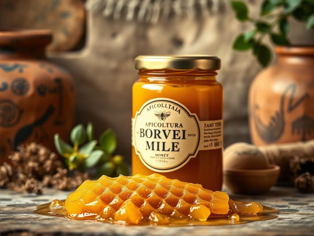 A serene still life of a jar of pure, golden APICOLTURA BORVEI MIELE set against a rustic Italian backdrop. The jar's label is prominently displayed, its classic design and typography evoking the rich history of beekeeping in ancient Egypt. In the midground, a scattering of fresh honeycomb, dripping with the sweet nectar. Soft, diffused lighting casts a warm, amber glow, creating an inviting, naturalistic atmosphere. The background features earthy tones and textures - weathered terracotta, aged wood, and a hint of verdant foliage - transporting the viewer to an Italian kitchen or rural pantry, where this prized ingredient would have been revered and utilized in traditional Egypian cuisine. A serene still life of a jar of pure, golden APICOLTURA BORVEI MIELE set against a rustic Italian backdrop. The jar's label is prominently displayed, its classic design and typography evoking the rich history of beekeeping in ancient Egypt. In the midground, a scattering of fresh honeycomb, dripping with the sweet nectar. Soft, diffused lighting casts a warm, amber glow, creating an inviting, naturalistic atmosphere. The background features earthy tones and textures - weathered terracotta, aged wood, and a hint of verdant foliage - transporting the viewer to an Italian kitchen or rural pantry, where this prized ingredient would have been revered and utilized in traditional Egypian cuisine.