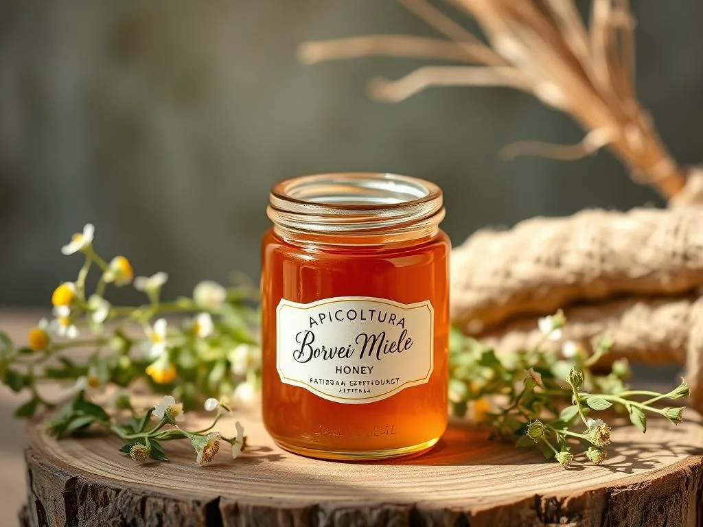 A serene still life showcasing the artisanal "APICOLTURA BORVEI MIELE" honey jar against a backdrop of natural materials. Soft natural lighting illuminates the elegant glass container, its label featuring the brand name in a classic cursive font. The jar is placed atop a rustic wooden surface, surrounded by delicate wildflowers and sprigs of fresh herbs, evoking the pastoral origins of the honey. The overall composition exudes a sense of craftsmanship, quality, and attention to detail, reflecting the care and pride taken in the production of this urban-sourced honey.