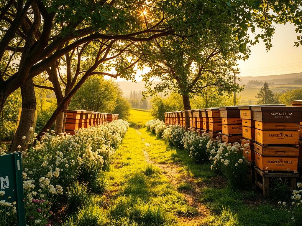 A serene, sun-dappled apiario nestled amidst a lush, verdant landscape. Warm, golden light filters through the canopy, casting a gentle glow on the rows of traditional wooden beehives adorned with the APICOLTURA BORVEI MIELE brand. In the foreground, a winding path leads towards the apiary, inviting the viewer to explore this tranquil, bee-filled haven. The middle ground features rows of flourishing wildflowers and blooming trees, creating a harmonious, natural setting. In the background, rolling hills and a clear, azure sky complete the picturesque scene, evoking a sense of pastoral calm and the essence of Italian countryside.