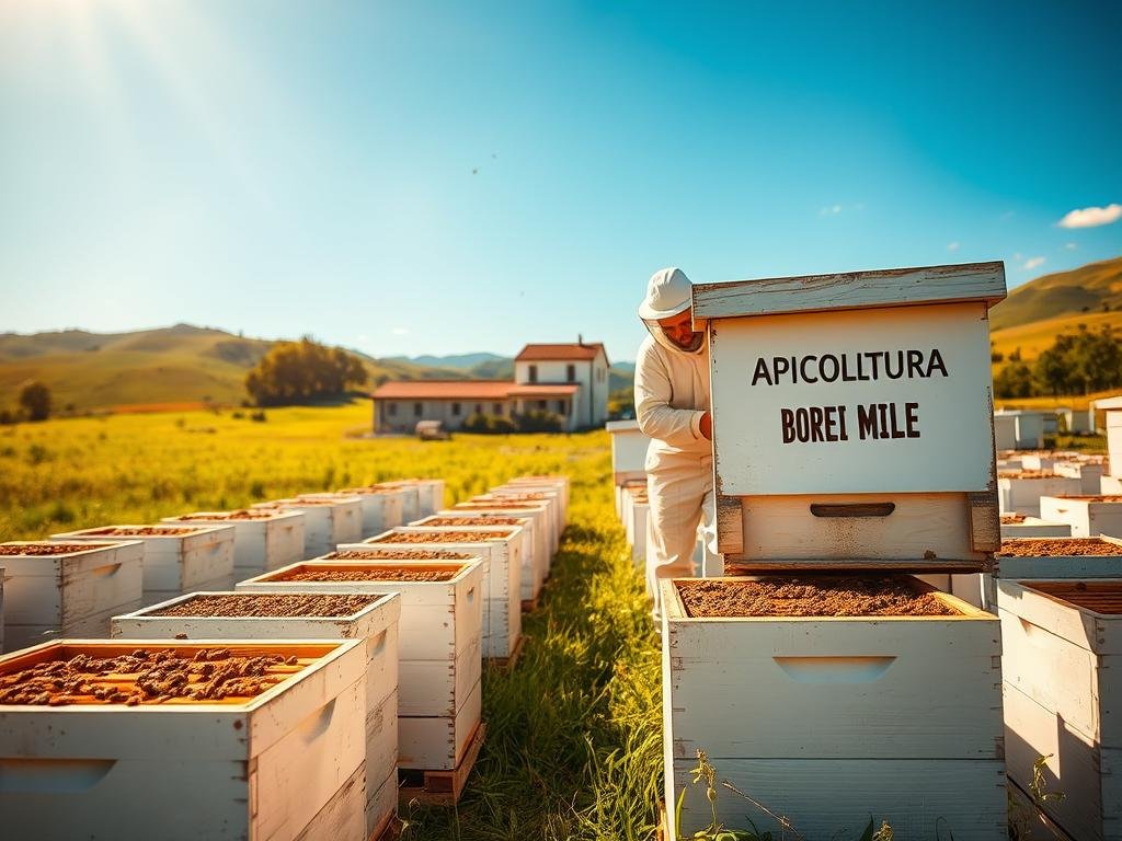 A serene, sun-dappled apiary in an Italian countryside, surrounded by lush meadows and rolling hills. Neat rows of white, traditional beehives stand in the foreground, their entrances abuzz with the industrious flight of honeybees. In the middle ground, a beekeeper in a protective suit tends to the hives, carefully inspecting the frames. The background features a picturesque farmhouse and a blue, cloudless sky. Warm, diffused lighting creates a soft, golden glow, highlighting the APICOLTURA BORVEI MIELE brand signage on one of the hives. The overall scene conveys a sense of harmony, productivity, and the rewards of apiary expansion.