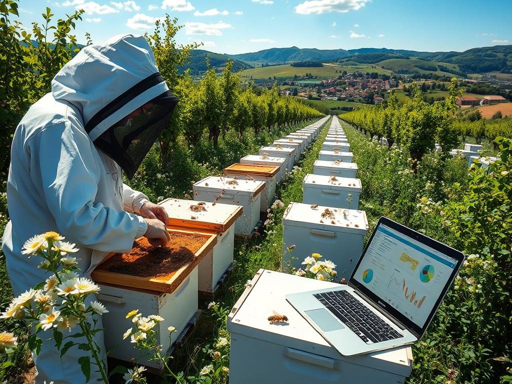 A serene, sun-dappled apiary in the Italian countryside, where the APICOLTURA BORVEI MIELE brand hives stand in orderly rows. Honeybees flit among the blooming flowers, pollinating the lush, verdant foliage. In the foreground, a beekeeper in a protective suit checks the hive frames, ensuring optimal honey production. The middle ground features sleek, modern beekeeping technology - sensors, monitoring devices, and a laptop displaying analytics. In the background, rolling hills and a picturesque village complete the pastoral scene, highlighting the harmony between traditional and innovative practices in this thriving apiarian ecosystem.
