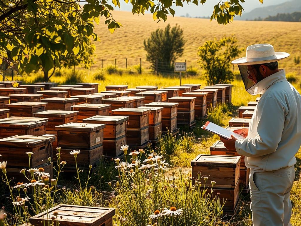 A serene, sun-dappled apiary nestled in a gently rolling Lazio countryside. Rows of traditional wooden beehives stand in orderly formation, their weathered surfaces gleaming softly. Bees flit from wildflower to wildflower, their constant hum punctuating the tranquil scene. In the foreground, a beekeeper in a crisp white suit carefully inspects one of the hives, clipboard in hand. The rich, golden light filters through the leaves, casting a warm glow over the entire tableau. In the distance, a small sign reads "APICOLTURA BORVEI MIELE", signifying the provenance of this idyllic apian haven.