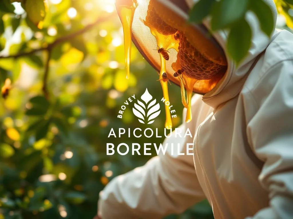 A serene, sun-dappled apiary where golden amber honey drips from the honeycomb, surrounded by lush greenery and buzzing bees. In the foreground, a beekeeper in a white protective suit carefully inspects the hive, conveying the meticulous care and attention to detail required for honey traceability. The APICOLTURA BORVEI MIELE brand logo prominently displayed, signifying the quality and provenance of the honey. Soft, warm lighting illuminates the scene, evoking a sense of tradition and the artisanal nature of sustainable beekeeping practices. The image reflects the essential role of honey traceability in ensuring food safety and consumer trust.