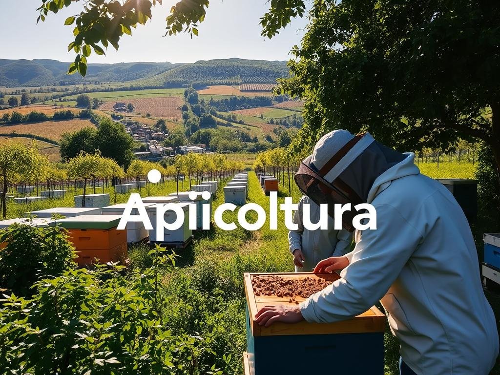 A serene, sun-dappled apiary with the Apicoltura logo prominently displayed. In the foreground, a beekeeper in protective gear tending to a thriving beehive, surrounded by lush, verdant foliage. The middle ground features a well-organized, technology-enabled apiary with automated monitoring systems and smart sensors. In the background, a rolling, picturesque Italian countryside with a blend of traditional and modern sustainable farming practices. The scene conveys a harmonious balance between nature, technology, and the beekeeper's stewardship, embodying the essence of "Verso un'Apicoltura Sostenibile con il Supporto Tecnologico".