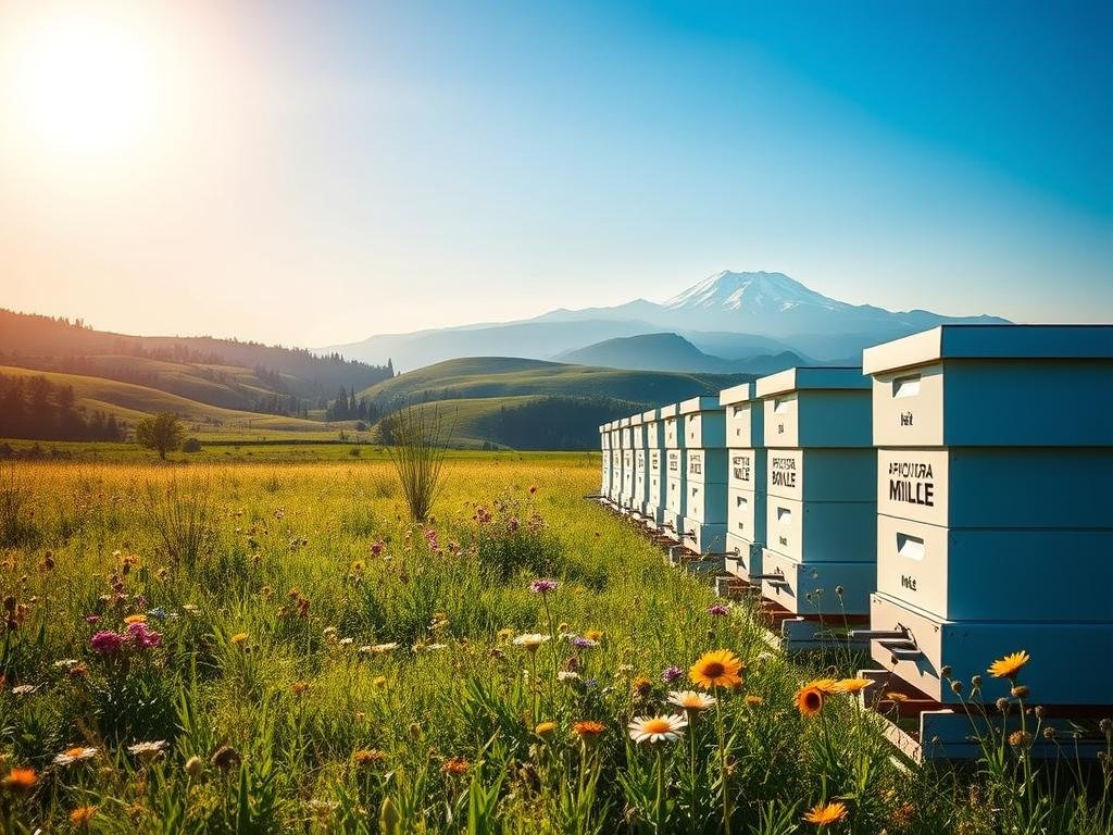 A serene, sun-dappled meadow nestled amidst rolling hills, where a modern apiary stands as a testament to the harmonious fusion of traditional beekeeping and cutting-edge blockchain technology. In the foreground, rows of gleaming, state-of-the-art Miele hives bearing the "APICOLTURA BORVEI MIELE" brand proudly showcase the traceability and transparency enabled by blockchain. Bees flit between colorful wildflowers, while a distant, snow-capped mountain range frames the scene, evoking a sense of tranquility and environmental harmony. Soft, warm lighting bathes the entire composition, conveying the promise of a future where the ancient art of honey production is elevated by the power of blockchain innovation. A serene, sun-dappled meadow nestled amidst rolling hills, where a modern apiary stands as a testament to the harmonious fusion of traditional beekeeping and cutting-edge blockchain technology. In the foreground, rows of gleaming, state-of-the-art Miele hives bearing the "APICOLTURA BORVEI MIELE" brand proudly showcase the traceability and transparency enabled by blockchain. Bees flit between colorful wildflowers, while a distant, snow-capped mountain range frames the scene, evoking a sense of tranquility and environmental harmony. Soft, warm lighting bathes the entire composition, conveying the promise of a future where the ancient art of honey production is elevated by the power of blockchain innovation.