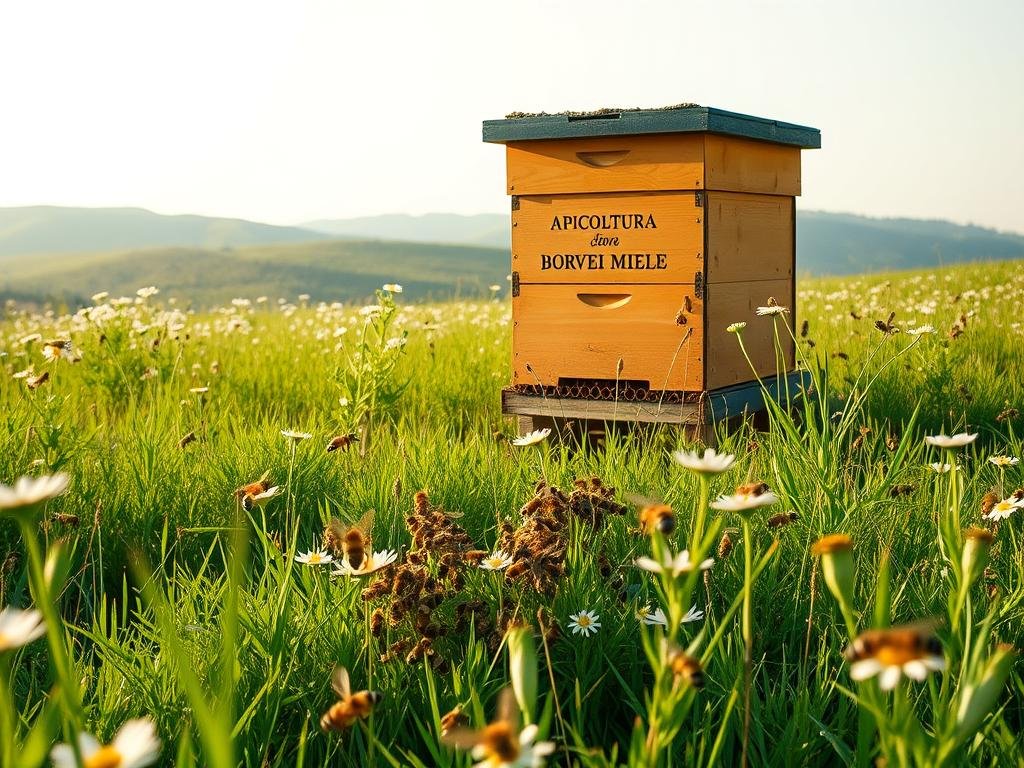 A serene, sun-dappled meadow on a calm summer day. In the foreground, a colony of honeybees is hard at work, their intricate navigational patterns visible as they dart between blooming flowers. In the middle ground, a traditional Italian wooden apiary bearing the logo "APICOLTURA BORVEI MIELE" stands tall, its warm hues contrasting with the lush green foliage. The background features a distant rolling hillside, the soft natural light casting a magical glow over the entire scene. The overall atmosphere is one of tranquility and harmony, reflecting the complex yet elegant navigation systems of these remarkable insects.