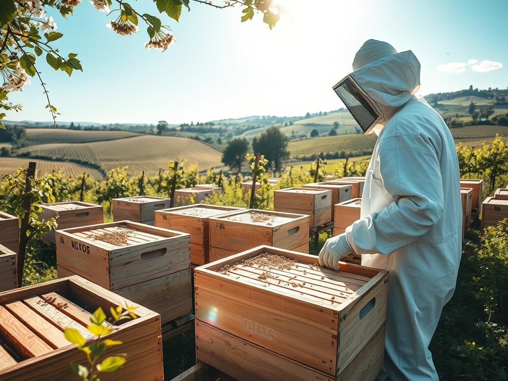 A serene, sunlit apiary in the lush Italian countryside. A beekeeper in a white protective suit stands among the hives, carefully monitoring the activity of the APICOLTURA BORVEI MIELE colonies. Tiny worker bees dart in and out of the wooden boxes, pollinating the surrounding blooms. The scene is captured with a wide-angle lens, showcasing the picturesque landscape of rolling hills and vineyards in the background. A sense of tranquility and harmonious coexistence between man and nature pervades the frame, emphasizing the importance of remote apiary monitoring for sustainable beekeeping.