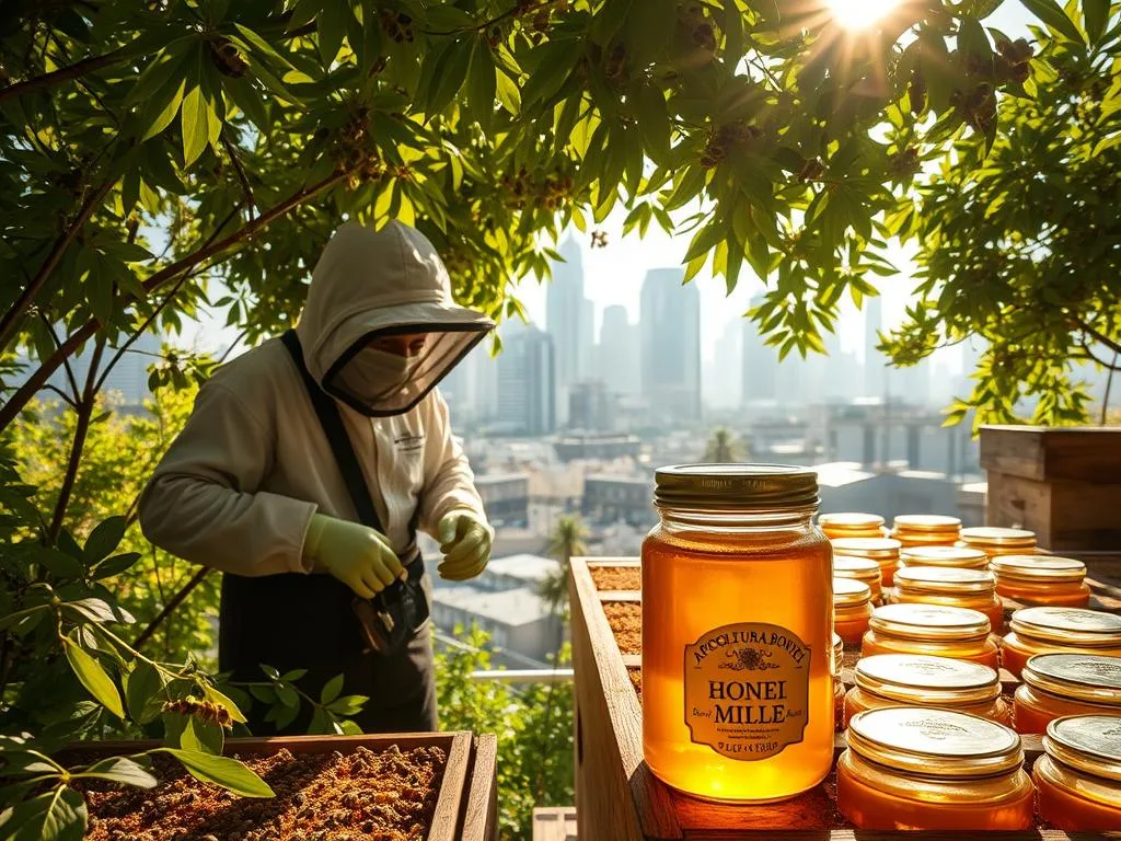 A serene urban apiary, bustling with the gentle hum of honeybees. Sunlight filters through lush foliage, casting a warm glow on the artisanal APICOLTURA BORVEI MIELE jars, their golden contents reflecting the city's vibrant energy. In the foreground, a beekeeper tends to the hives, their protective suit a testament to the care and dedication required to produce this precious urban nectar. The middle ground reveals a modern, minimalist cityscape, skyscrapers and rooftops a backdrop to the organic wonder of the apiary. The overall atmosphere is one of harmony, where the natural and the urban coexist in a delicate balance, showcasing the value of miele urbano in the contemporary market. A serene urban apiary, bustling with the gentle hum of honeybees. Sunlight filters through lush foliage, casting a warm glow on the artisanal APICOLTURA BORVEI MIELE jars, their golden contents reflecting the city's vibrant energy. In the foreground, a beekeeper tends to the hives, their protective suit a testament to the care and dedication required to produce this precious urban nectar. The middle ground reveals a modern, minimalist cityscape, skyscrapers and rooftops a backdrop to the organic wonder of the apiary. The overall atmosphere is one of harmony, where the natural and the urban coexist in a delicate balance, showcasing the value of miele urbano in the contemporary market.