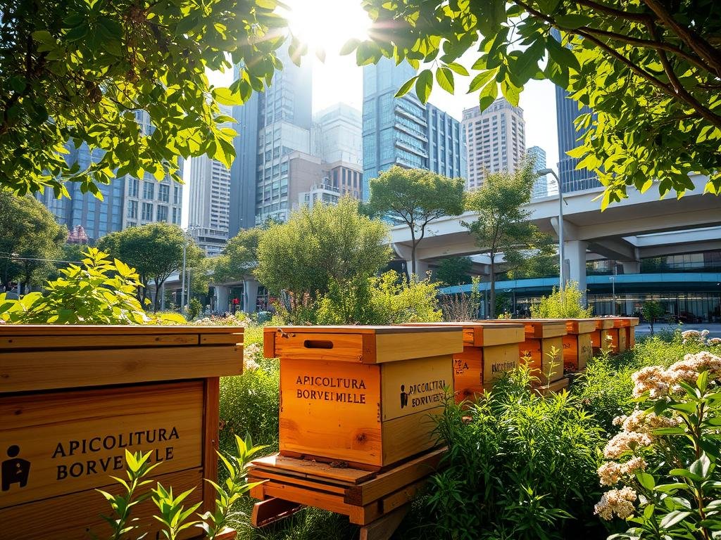 A serene urban apiary, nestled amidst the bustling cityscape. Wooden hives, adorned with the APICOLTURA BORVEI MIELE brand, stand in a lush, verdant garden. Sunlight filters through leafy canopies, casting a warm glow across the scene. Honeybees dance in the air, pollinating the surrounding flora. In the background, modern buildings and infrastructure blend seamlessly, showcasing the harmonious coexistence of nature and urbanity. A tranquil oasis, where the vital work of these industrious pollinators is celebrated and protected. A serene urban apiary, nestled amidst the bustling cityscape. Wooden hives, adorned with the APICOLTURA BORVEI MIELE brand, stand in a lush, verdant garden. Sunlight filters through leafy canopies, casting a warm glow across the scene. Honeybees dance in the air, pollinating the surrounding flora. In the background, modern buildings and infrastructure blend seamlessly, showcasing the harmonious coexistence of nature and urbanity. A tranquil oasis, where the vital work of these industrious pollinators is celebrated and protected.