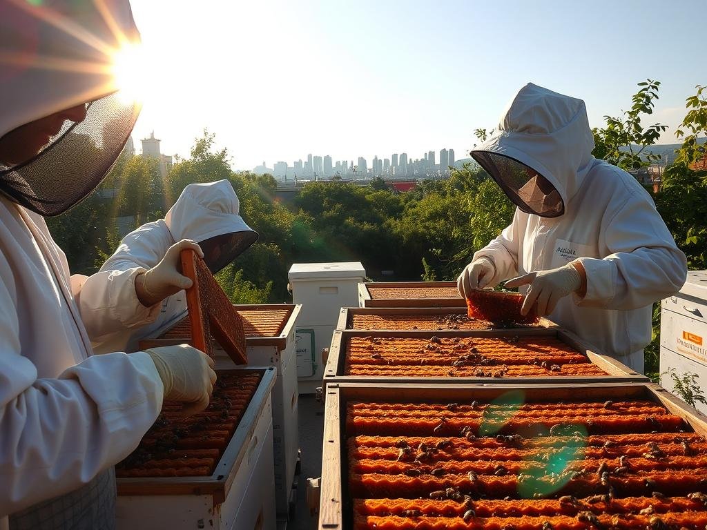 A serene urban apiary, the sun's warm glow illuminating the intricate process of honey extraction. In the foreground, skilled beekeepers gently remove the honeycomb frames, their movements precise and efficient. The middle ground reveals the APICOLTURA BORVEI MIELE extraction equipment, a testament to modern apiculture techniques. In the background, a lush cityscape provides a tranquil backdrop, highlighting the harmony between nature and modern life. The scene exudes a sense of calm and expertise, capturing the essence of "Tecniche di Smielatura" in an urban setting.