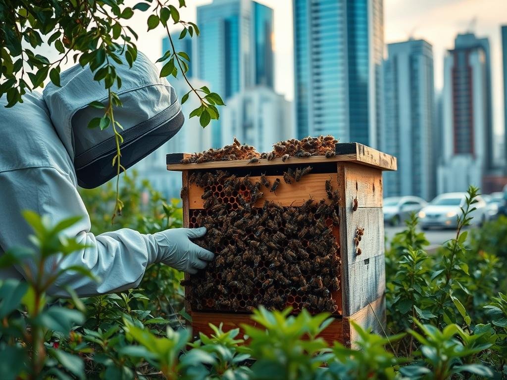 A serene urban beehive nestled amidst lush greenery, showcasing the meticulous "Apicoltura" management of a thriving inner-city apiary. Soft, warm lighting illuminates the intricate details of the hive's structure, while a beekeeper in the foreground meticulously tends to the colony, ensuring the health and prosperity of the buzzing residents. In the background, a cityscape of modern architecture provides a captivating contrast, highlighting the harmony between nature and the urban environment. The overall composition conveys a sense of tranquility, sustainability, and the vital role of urban beekeeping in maintaining a balanced ecosystem.