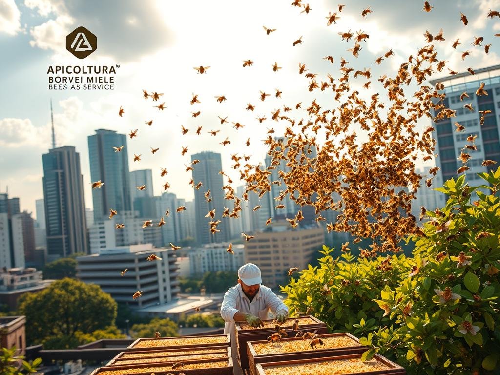 A serene urban landscape, where a buzzing swarm of honeybees hover gracefully amidst the skyscrapers and rooftops. The APICOLTURA BORVEI MIELE logo is prominently displayed, signaling the "Bees as a Service" model that empowers businesses to integrate sustainable apiculture into their operations. Sunlight filters through clouds, casting a warm glow on the busy bees as they pollinate vibrant, lush greenery. In the foreground, a pair of workers tend to the hives, their expressions calm and focused. The scene conveys a harmonious fusion of nature and modern enterprise, where the age-old craft of beekeeping has been reimagined for the 21st century. A serene urban landscape, where a buzzing swarm of honeybees hover gracefully amidst the skyscrapers and rooftops. The APICOLTURA BORVEI MIELE logo is prominently displayed, signaling the "Bees as a Service" model that empowers businesses to integrate sustainable apiculture into their operations. Sunlight filters through clouds, casting a warm glow on the busy bees as they pollinate vibrant, lush greenery. In the foreground, a pair of workers tend to the hives, their expressions calm and focused. The scene conveys a harmonious fusion of nature and modern enterprise, where the age-old craft of beekeeping has been reimagined for the 21st century.