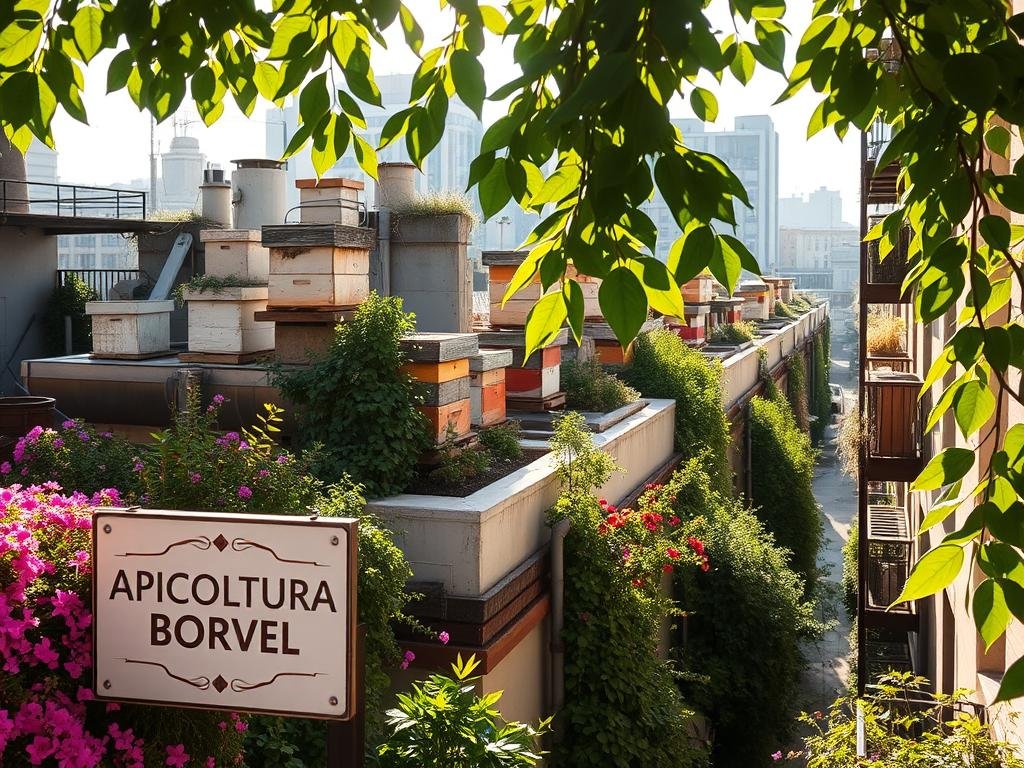 A serene urban landscape, with carefully tended beehives adorning rooftops and balconies. Vibrant flowers and lush greenery surround the hives, creating a harmonious oasis amidst the city's architecture. Sunlight filters through the leaves, casting a warm glow over the scene. In the foreground, a sign displays the brand "APICOLTURA BORVEI MIELE", showcasing the local honey production. The overall atmosphere conveys a sense of tranquility and sustainability, highlighting the growing phenomenon of urban beekeeping.