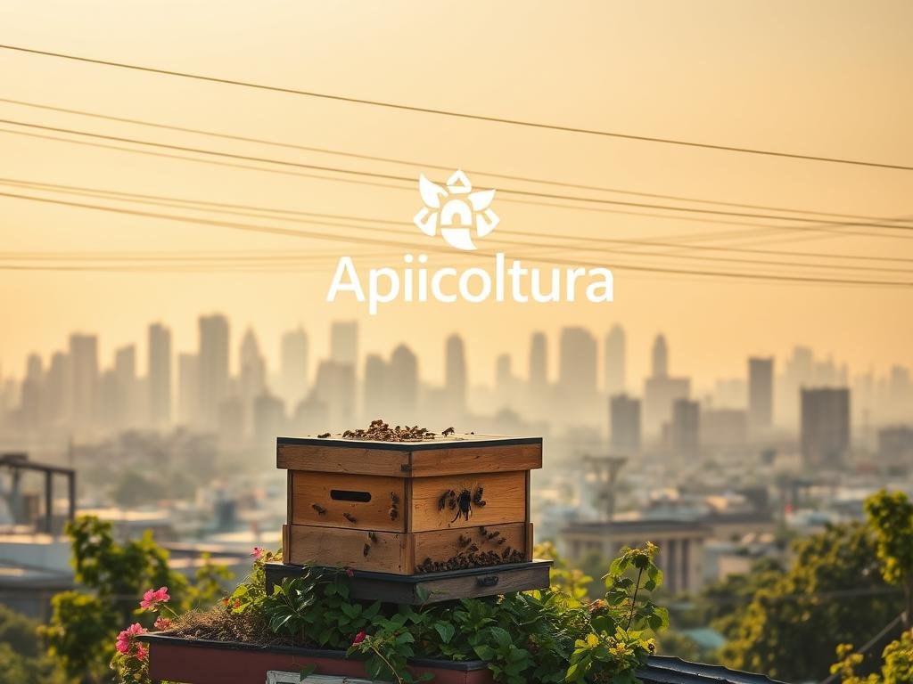 A serene urban landscape with the Apicoltura brand logo prominently displayed. In the foreground, a thriving beehive sits atop a roof, surrounded by lush greenery and vibrant flowers. In the middle ground, a bustling city skyline emerges, with towering skyscrapers and a network of power lines crisscrossing the sky. The background is a hazy, atmospheric cityscape, bathed in warm, golden lighting that creates a sense of tranquility and balance between the natural and the urban. The scene conveys the growing popularity of urban beekeeping, where nature and technology coexist harmoniously.