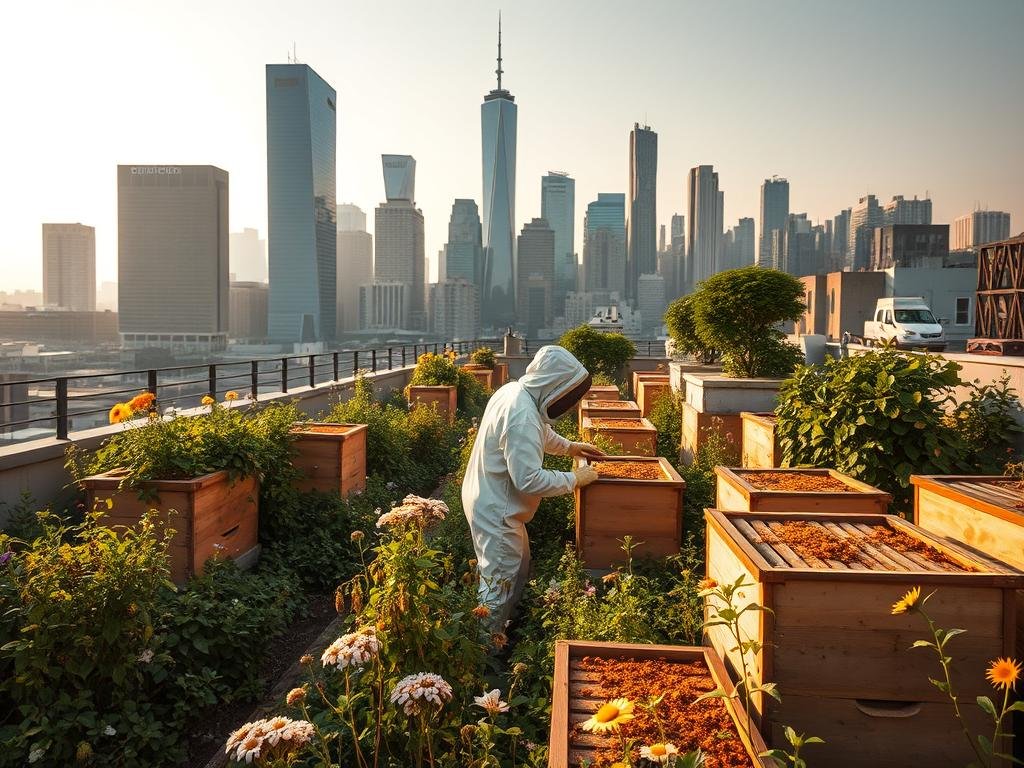 A serene urban rooftop garden, brimming with thriving beehives and lush foliage. A warm, golden glow bathes the scene, captured with a wide-angle lens to showcase the harmonious coexistence of nature and city. In the foreground, a beekeeper in a traditional white suit tends to the hives, their actions gentle and methodical. The middle ground features a variety of pollinator-friendly flowers, their petals softly swaying in the breeze. In the background, the iconic skyline of a modern metropolis rises, a testament to the possibility of APICOLTURA URBANA BORVEI MIELE. The overall mood is one of tranquility, balance, and the triumph of sustainable living.
