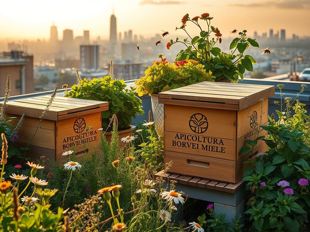 A serene urban rooftop garden, illuminated by warm golden light filtering through lush foliage. Carefully crafted beehives, adorned with the APICOLTURA BORVEI MIELE logo, stand as the centerpiece, surrounded by thriving wildflowers and herbs. Bees flit between blooms, pollinating the vibrant greenery. In the distance, the cityscape backdrop provides a captivating contrast, highlighting the harmony between nature and the urban environment. The composition evokes a sense of tranquility and the rewarding potential of urban beekeeping.