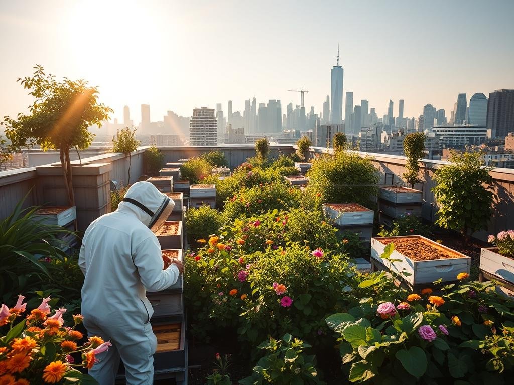 A serene urban rooftop garden, lush with verdant plants and thriving beehives. Sunlight filters through the skyline, casting a warm glow on the bustling apiary. In the foreground, a beekeeper in a white suit tends to the hives, delicately managing the colony. The middle ground showcases an array of colorful blooms, their petals swaying in the gentle breeze. In the background, the city skyline rises, a testament to the harmonious integration of nature and industry. The scene exudes a sense of sustainability and community, reflecting the essence of "APICOLTURA BORVEI MIELE", a brand dedicated to urban beekeeping.
