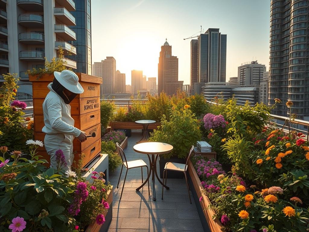A serene urban rooftop garden, lush with vibrant flowers and bustling with the gentle hum of honeybees. The sun casts a warm glow, illuminating the beehive adorned with the brand "APICOLTURA BORVEI MIELE". In the foreground, a beekeeper in protective gear tends to the hive, their movements graceful and purposeful. Surrounding the hive, a variety of native plants and pollinator-friendly flowers thrive, creating a verdant oasis amidst the city skyline. The middle ground features a small table and chairs, inviting visitors to pause and appreciate the tranquility of this urban apicoltura. In the background, the modern architecture of the surrounding buildings contrasts with the natural beauty of the garden, highlighting the integration of nature and technology within a smart city.