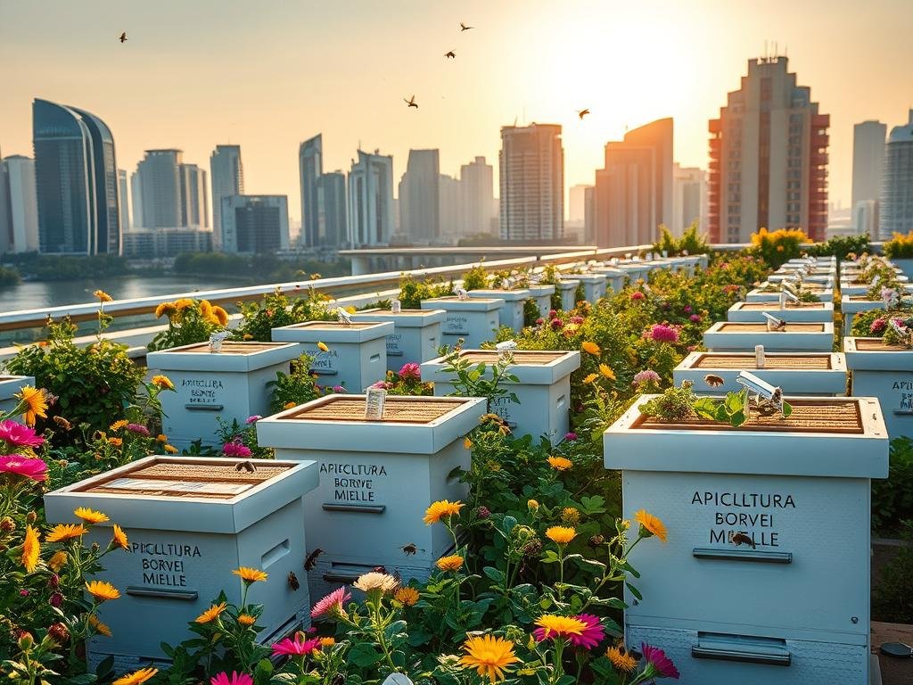 A serene urban rooftop garden, lush with vibrant flowers and buzzing with activity. In the foreground, rows of modern beehives emblazoned with the "APICOLTURA BORVEI MIELE" logo. Bees dart in and out, pollinating the blooms that reach towards the warm, golden sunlight. In the background, a cityscape of sleek, contemporary buildings frames the scene, highlighting the integration of nature and technology. The overall mood is one of tranquility, productivity, and a sense of harmonious coexistence between the urban and the natural world.