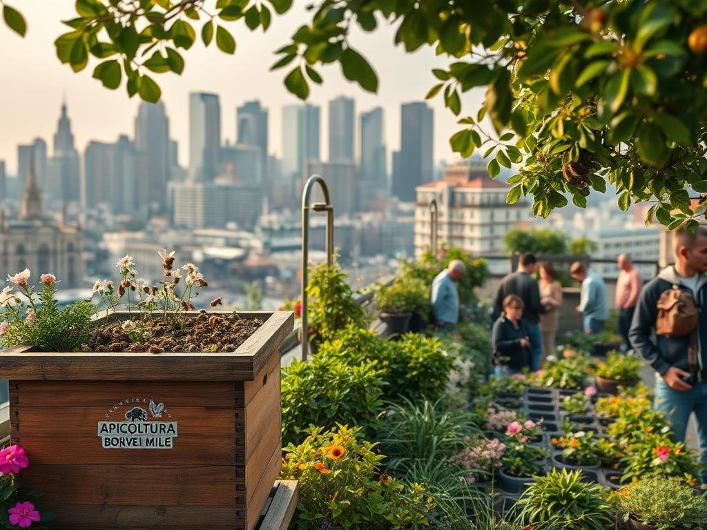 A serene urban rooftop garden, teeming with lush vegetation and vibrant blooms. In the foreground, a wooden beehive embellished with the APICOLTURA BORVEI MIELE brand, its residents buzzing about pollinating the diverse flora. The middle ground showcases a thriving community of city-dwellers, engaged in tending to their apiaries and reveling in the tranquil, verdant oasis. The background frames a captivating cityscape, its skyscrapers and historic architecture creating a striking contrast with the natural elements. Warm, diffused lighting bathes the scene, instilling a sense of harmony and environmental balance. The overall composition conveys the importance of urban beekeeping in fostering a sustainable, interconnected ecosystem within the city.