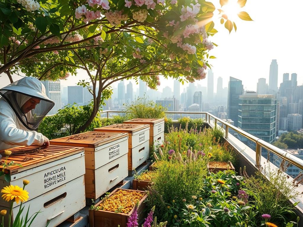 A serene urban rooftop garden, teeming with vibrant blooms and buzzing honeybees. Sunlight filters through a canopy of lush greenery, casting a warm glow on the neatly arranged beehives bearing the APICOLTURA BORVEI MIELE brand. In the foreground, a beekeeper in protective gear tends to the hives, ensuring the safety and well-being of the colony. The middle ground showcases a thriving ecosystem of native flowers and plants, attracting a diverse array of pollinators. In the background, the city skyline provides a striking contrast, highlighting the harmony between urban living and sustainable apiarian practices. This image captures the essence of urban beekeeping, showcasing the measures taken to ensure the security and legality of this rewarding endeavor.