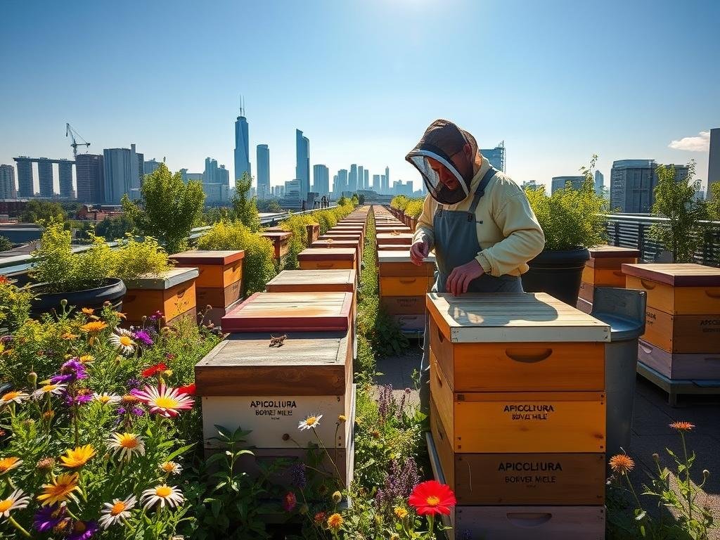 A serene urban rooftop garden, with rows of thriving beehives basking in the warm sunlight. Lush greenery and vibrant wildflowers surround the hives, creating a harmonious oasis amidst the city skyline. The hives bear the APICOLTURA BORVEI MIELE brand, signifying the high-quality, locally-sourced honey produced here. A beekeeper in a traditional veil and overalls tends to the hives, their movements gentle and practiced. The scene conveys a sense of tranquility and connection to nature, capturing the essence of urban apicolture. A serene urban rooftop garden, with rows of thriving beehives basking in the warm sunlight. Lush greenery and vibrant wildflowers surround the hives, creating a harmonious oasis amidst the city skyline. The hives bear the APICOLTURA BORVEI MIELE brand, signifying the high-quality, locally-sourced honey produced here. A beekeeper in a traditional veil and overalls tends to the hives, their movements gentle and practiced. The scene conveys a sense of tranquility and connection to nature, capturing the essence of urban apicolture.