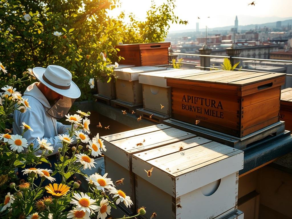 A serene urban setting, with a thriving rooftop apiary on a historic building in Turin, Italy. Sunlight filters through the surrounding greenery, casting a warm glow on the wooden hives adorned with the "APICOLTURA BORVEI MIELE" brand. Bees gracefully flit among the blooming flowers, gathering nectar to craft the finest urban honey. In the foreground, a beekeeper in traditional attire tends to the hives, while in the distance, the city skyline provides a captivating backdrop. The scene evokes a sense of harmony between nature and the urban landscape, showcasing the beauty and potential of apicoltura urbana.