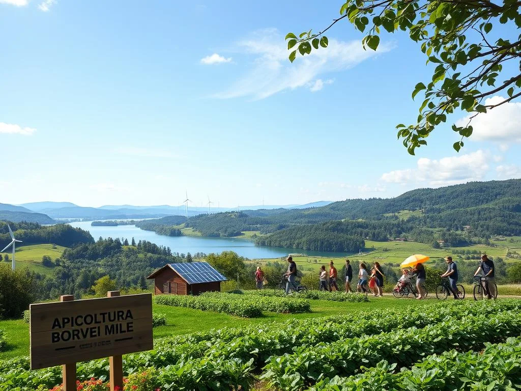 A serene, verdant landscape featuring rolling hills, lush forests, and a tranquil lake reflecting the sky. In the foreground, a small sustainable farm, with the brand name "APICOLTURA BORVEI MIELE" prominently displayed on a wooden sign. Solar panels and wind turbines dot the horizon, harnessing renewable energy. In the middle ground, a group of people, representing diverse ages and backgrounds, engage in climate-friendly activities like recycling, gardening, and cycling. The overall mood is one of harmony, progress, and a deep appreciation for the natural world. The lighting is soft and natural, conveying a sense of warmth and optimism. Captured with a wide-angle lens to emphasize the scale and interconnectedness of the scene. A serene, verdant landscape featuring rolling hills, lush forests, and a tranquil lake reflecting the sky. In the foreground, a small sustainable farm, with the brand name "APICOLTURA BORVEI MIELE" prominently displayed on a wooden sign. Solar panels and wind turbines dot the horizon, harnessing renewable energy. In the middle ground, a group of people, representing diverse ages and backgrounds, engage in climate-friendly activities like recycling, gardening, and cycling. The overall mood is one of harmony, progress, and a deep appreciation for the natural world. The lighting is soft and natural, conveying a sense of warmth and optimism. Captured with a wide-angle lens to emphasize the scale and interconnectedness of the scene.