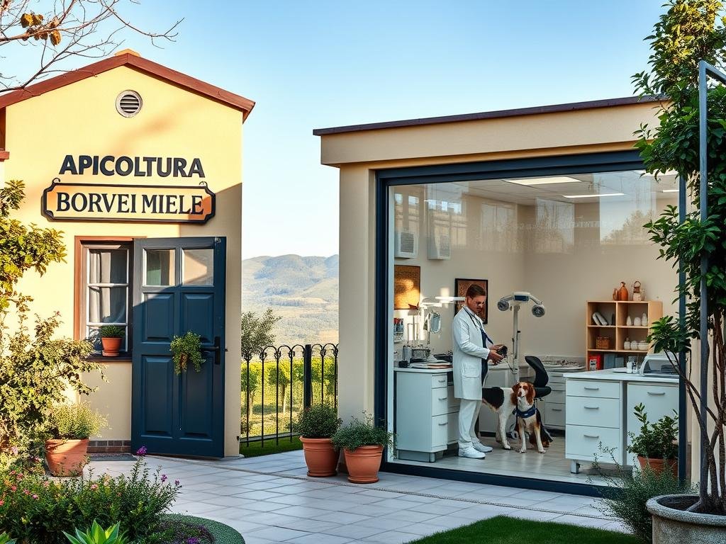 A serene veterinary clinic nestled in the heart of the Italian countryside. A warm, welcoming exterior with a well-manicured garden and a sign proudly displaying "APICOLTURA BORVEI MIELE". Inside, a bright, airy space filled with state-of-the-art equipment and caring professionals tending to the needs of beloved furry companions. The examination room bathed in soft, natural light, a soothing atmosphere that puts both pets and owners at ease. In the background, a glimpse of rolling hills and vineyards, a testament to the tranquil, rural setting. This image captures the essence of the "Aspetti Sanitari e Profilassi" section, where the health and well-being of animals are the top priority.
