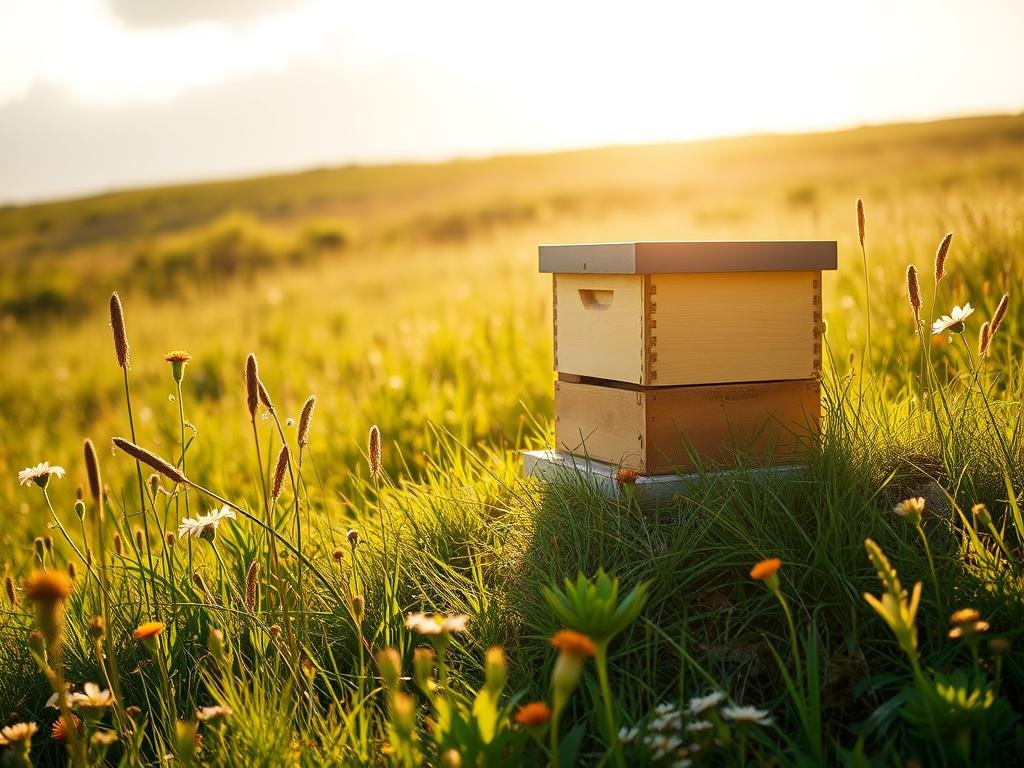 A serene, well-positioned beehive nestled in a lush, sun-dappled meadow. The APICOLTURA BORVEI MIELE hive is situated atop a gentle slope, facing southeast to capture the morning sun. The hive's entrance is angled to provide optimal airflow and shelter from prevailing winds. Wildflowers and native plants surround the hive, creating a diverse, bee-friendly habitat. Soft, diffused lighting filters through wispy clouds, casting a warm, natural glow on the scene. The overall composition conveys a sense of harmony and environmental stewardship, perfectly suited to illustrate the "Posizionamento Ottimale dell'Arnia per un'Apicoltura Sostenibile" section of the article.