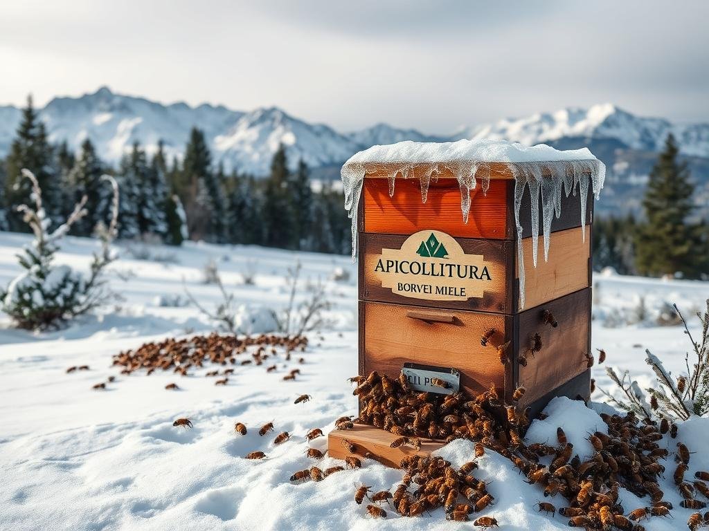 A serene winter landscape, blanketed in pristine snow. In the foreground, a towering beehive emblazoned with the APICOLTURA BORVEI MIELE logo, its wooden panels adorned with intricate ice crystals. Surrounding the hive, a gathering of industrious honeybees, their bodies adapted for the harsh conditions, with thick, furry coats and robust mandibles. In the middle ground, a lush forest of evergreen trees, their branches heavy with snow, casting long shadows across the scene. The background is dominated by a distant mountain range, its peaks capped with glistening glaciers, bathed in soft, diffused lighting. The overall atmosphere conveys a sense of resilience, as the bees work tirelessly to ensure their colony's survival during the long, harsh Italian winter.