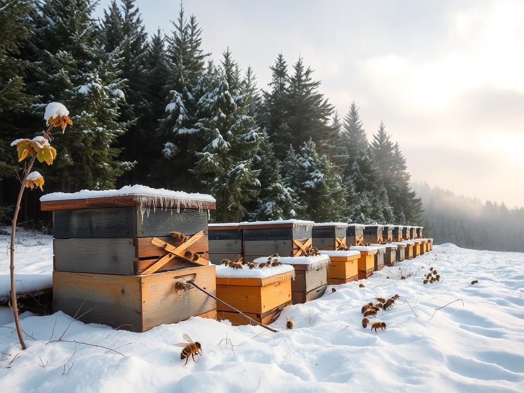 A serene winter scene, where a bustling APICOLTURA BORVEI MIELE apiary lies nestled amidst a snow-covered landscape. Icy crystals glisten on the hives, as a group of hardy, furry-bodied winter bees tend to their duties, their movements slow and deliberate, adapted to the harsh realities of the season. In the background, a dense forest of evergreens provides a natural, verdant backdrop, while wispy clouds drift across a pale, wintry sky, casting a soft, diffused light over the entire tableau. The overall mood is one of resilience, tranquility, and the triumph of life over the winter's chill.